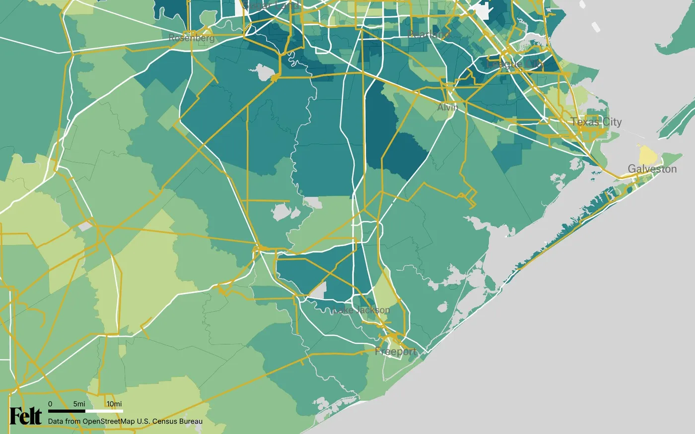 Map of Brazoria County, Texas: the county outlined, with transmission lines over median household income by census tract