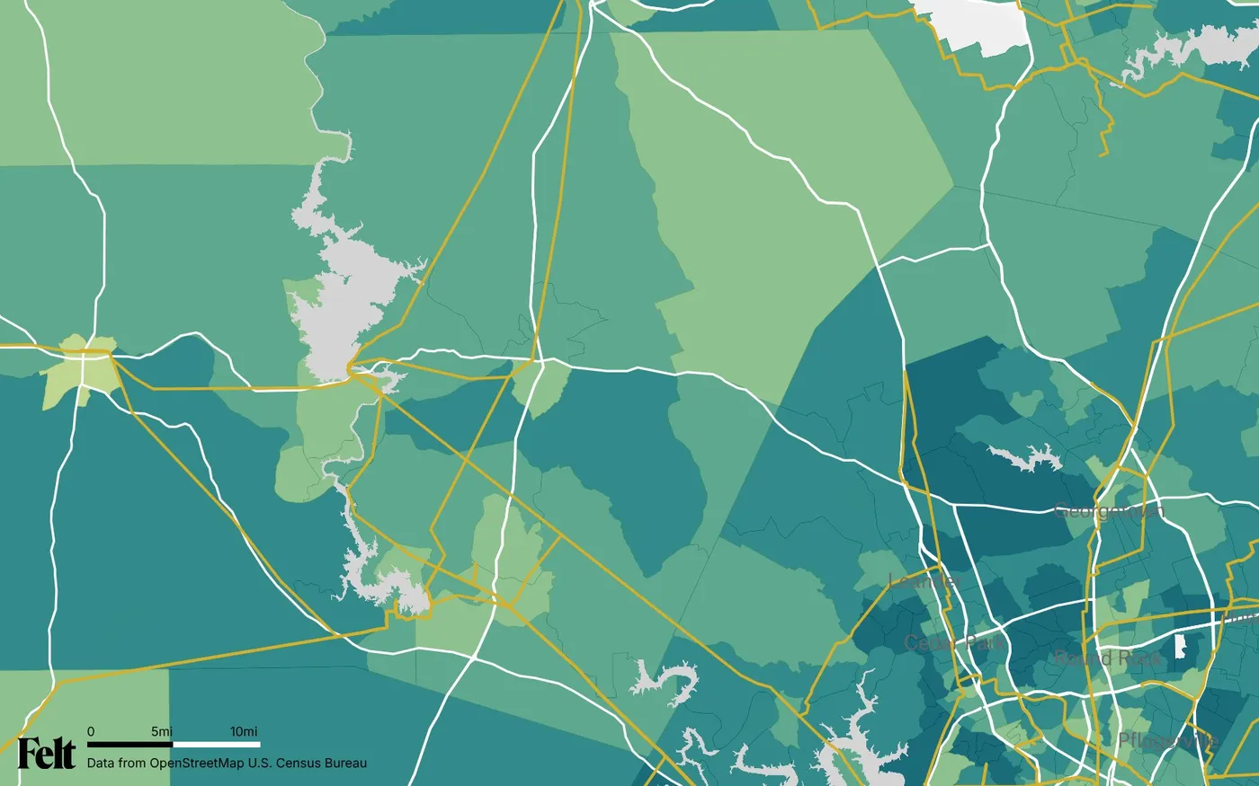 Map of Burnet County, Texas: the county outlined, with transmission lines over median household income by census tract