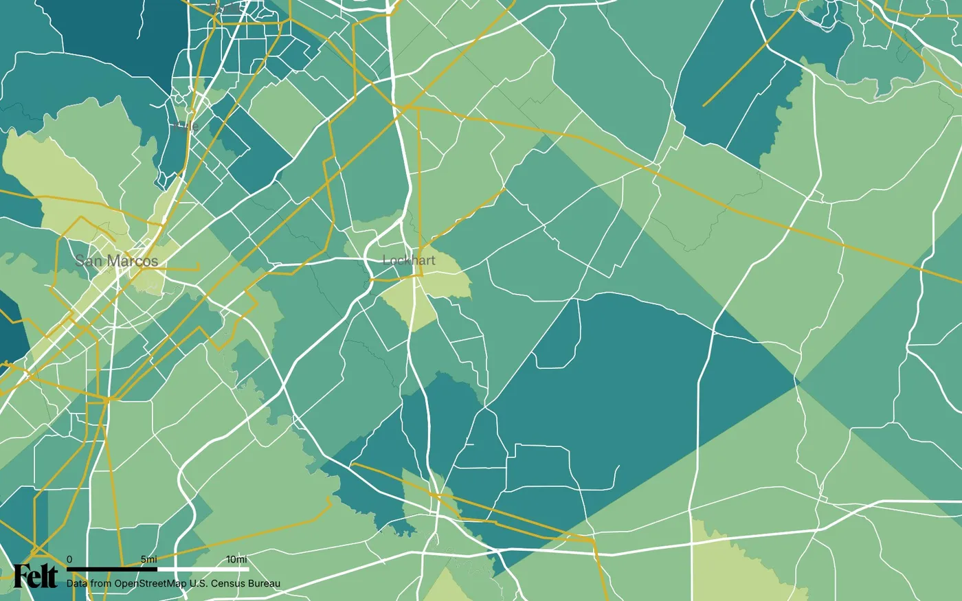 Map of Caldwell County, Texas: the county outlined, with transmission lines over median household income by census tract