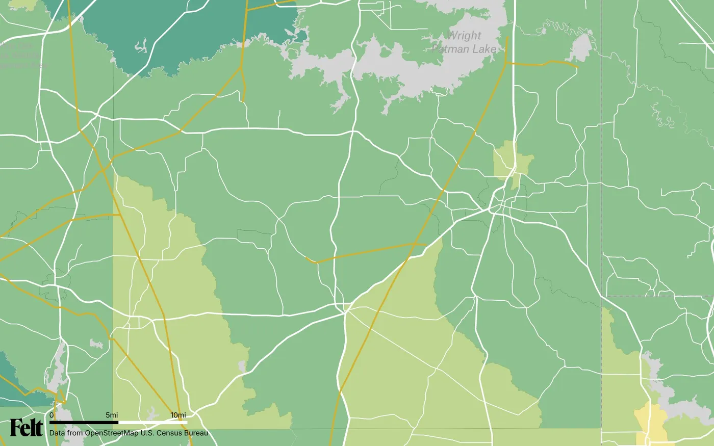 Map of Cass County, Texas: the county outlined, with transmission lines over median household income by census tract