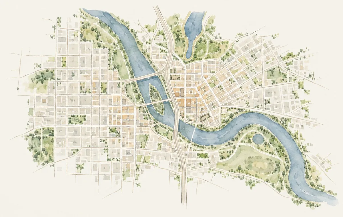 A watercolour of downtown Cedar Rapids, Iowa, from above: the Cedar River through the street grid, its islands, Cedar Lake and the loop below downtown, with the 1% annual-chance flood zone shaded over its low banks and four of thirteen sites inside it marked