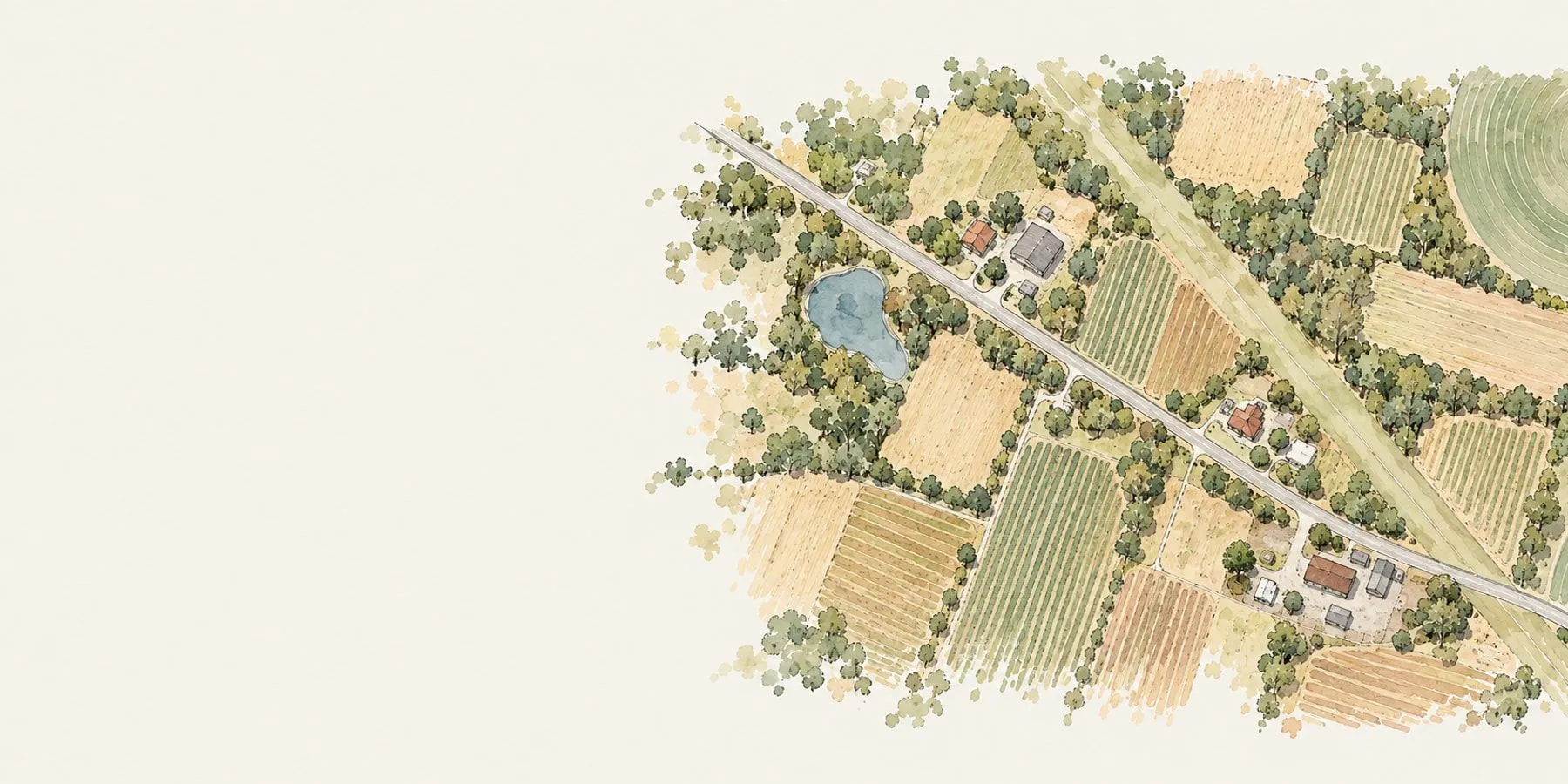A hand-drawn aerial watercolour of farmland along a country road that thins out to paper, with pothole reports marked along its main road, a comment thread and a crew on the way.