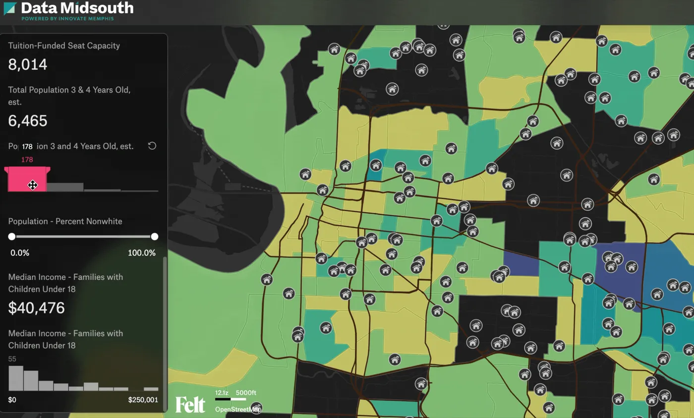 A Data Midsouth dashboard: dragging histogram filters for child population and family income narrows the map to the matching neighborhoods