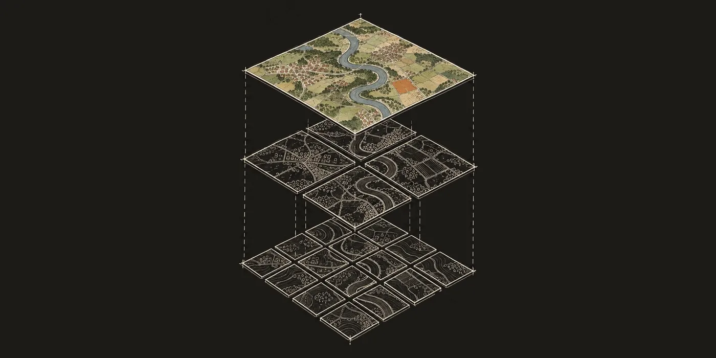 A technical sketch in pen on a dark ground: a painted map on top, cut into four map tiles and then sixteen below it