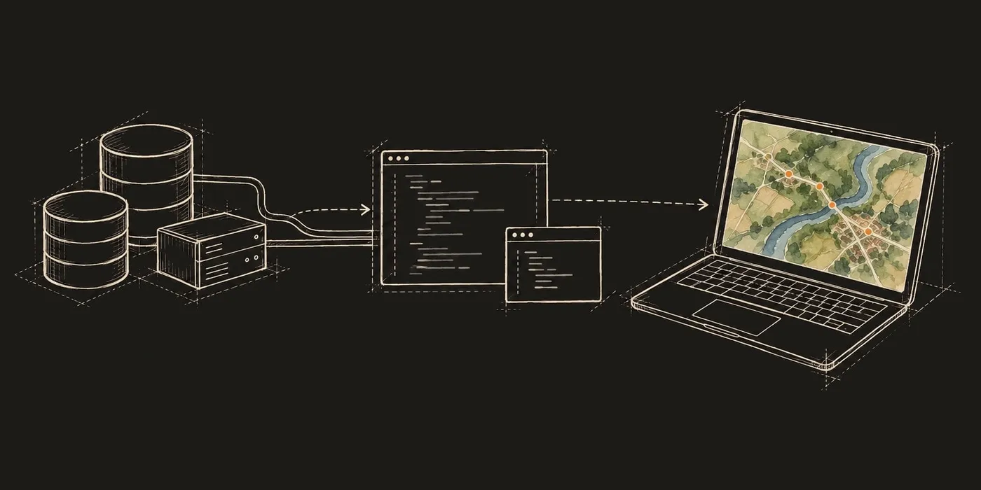 A technical sketch in pen on a dark ground: databases and a server, cabled to a code editor, with a dashed arrow on to a laptop showing a painted map