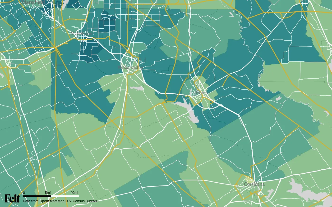 Map of Ellis County, Texas: the county outlined, with transmission lines over median household income by census tract