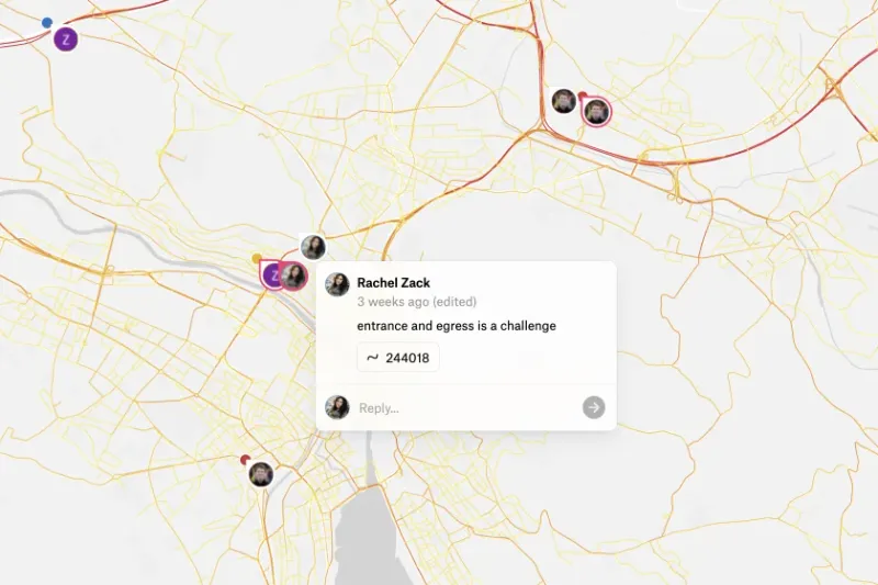 Fastned’s site traffic map in Felt, with teammates’ avatars on candidate sites and a comment that the entrance and exit are a challenge