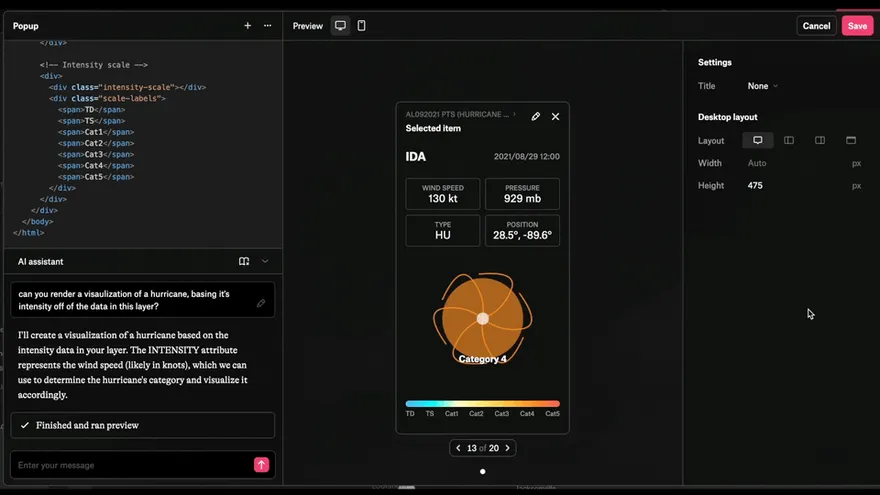 Felt AI builds a custom popup from a prompt, drawing Hurricane Ida’s wind speed at each point of its track as a category graphic