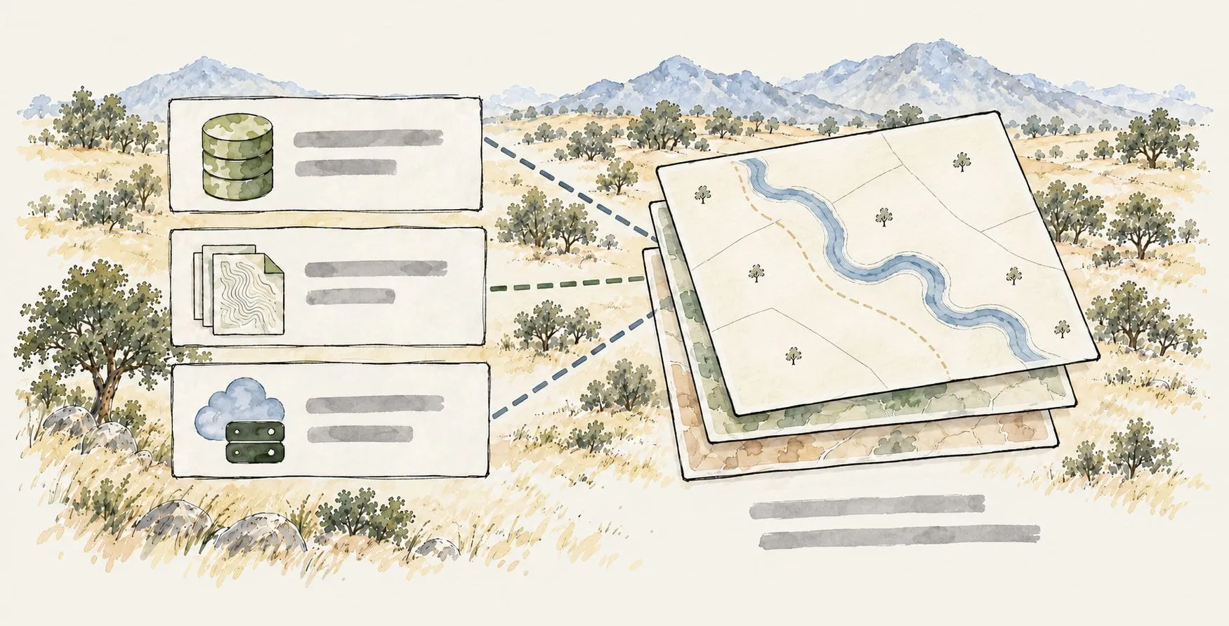 Postgres, shapefiles and DWGs, and an Esri Feature Service all feeding one stack of shared layers on Felt Server.