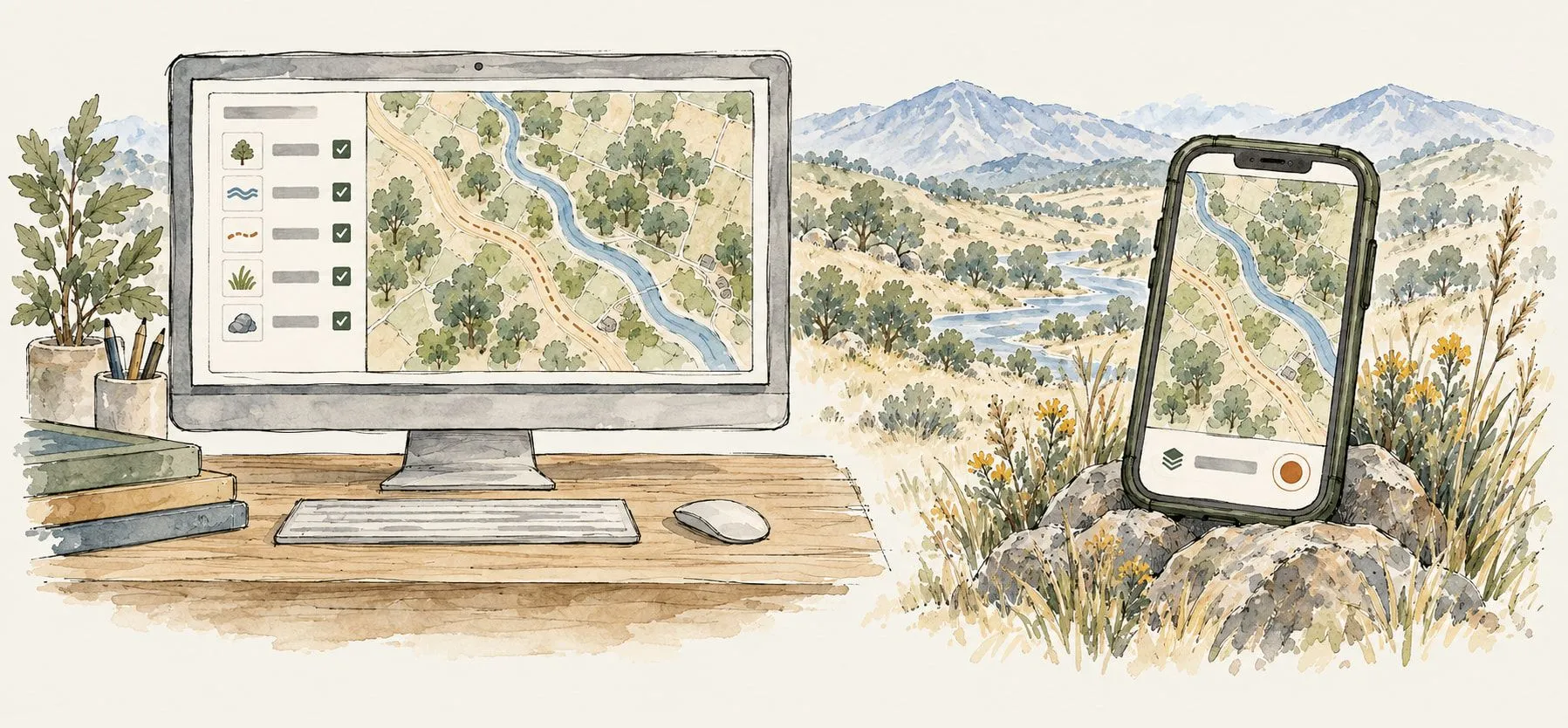 The same map open on an office desktop and on a phone propped against a rock out in the field, both showing the same five layers.