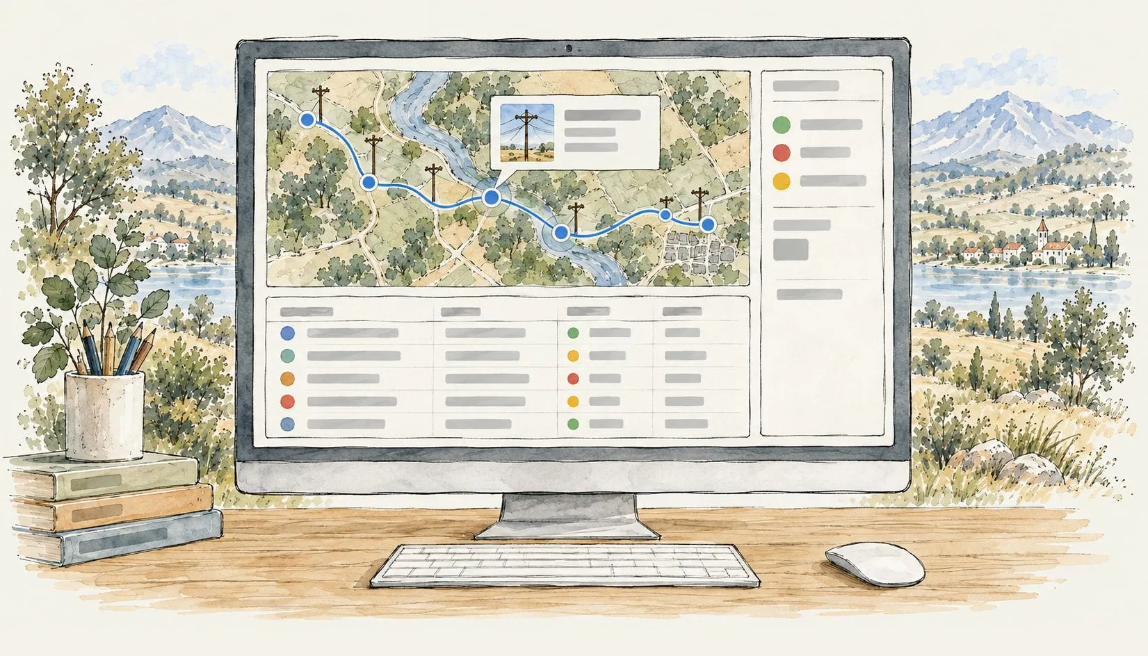 An office desktop showing what the crew sent back: their route and the assets they logged on a map, one capture open with its photo, and the rows filling a table and a status tally beside it.