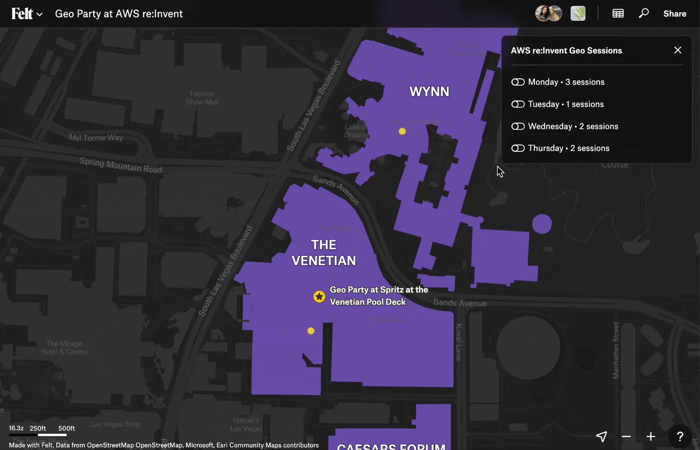 A map of AWS re:Invent geo sessions across the Las Vegas venues; toggling a day lists its sessions in the side panel
