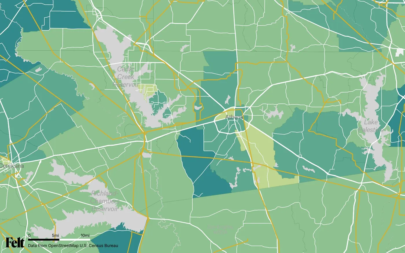 Map of Henderson County, Texas: the county outlined, with transmission lines over median household income by census tract