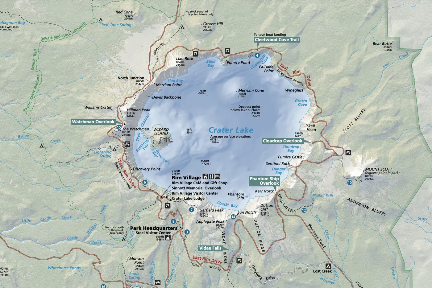 A National Park Service map of Crater Lake with shaded relief, rim drives, overlooks, trails and elevation labels