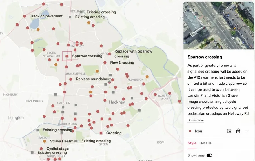 A Felt map of Hackney with points for cycling problem spots and an open note describing a proposed Sparrow crossing