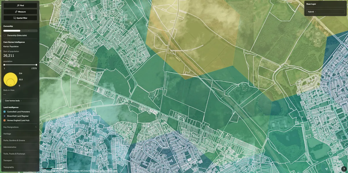 A Foster, Green + Brown site assessment app in Felt, with land and catchment layers over parcels and a catchment population statistic