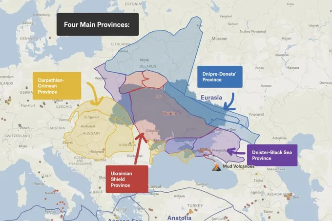 A Felt map of Ukraine and surrounding Europe outlining four main geologic provinces with labeled callouts