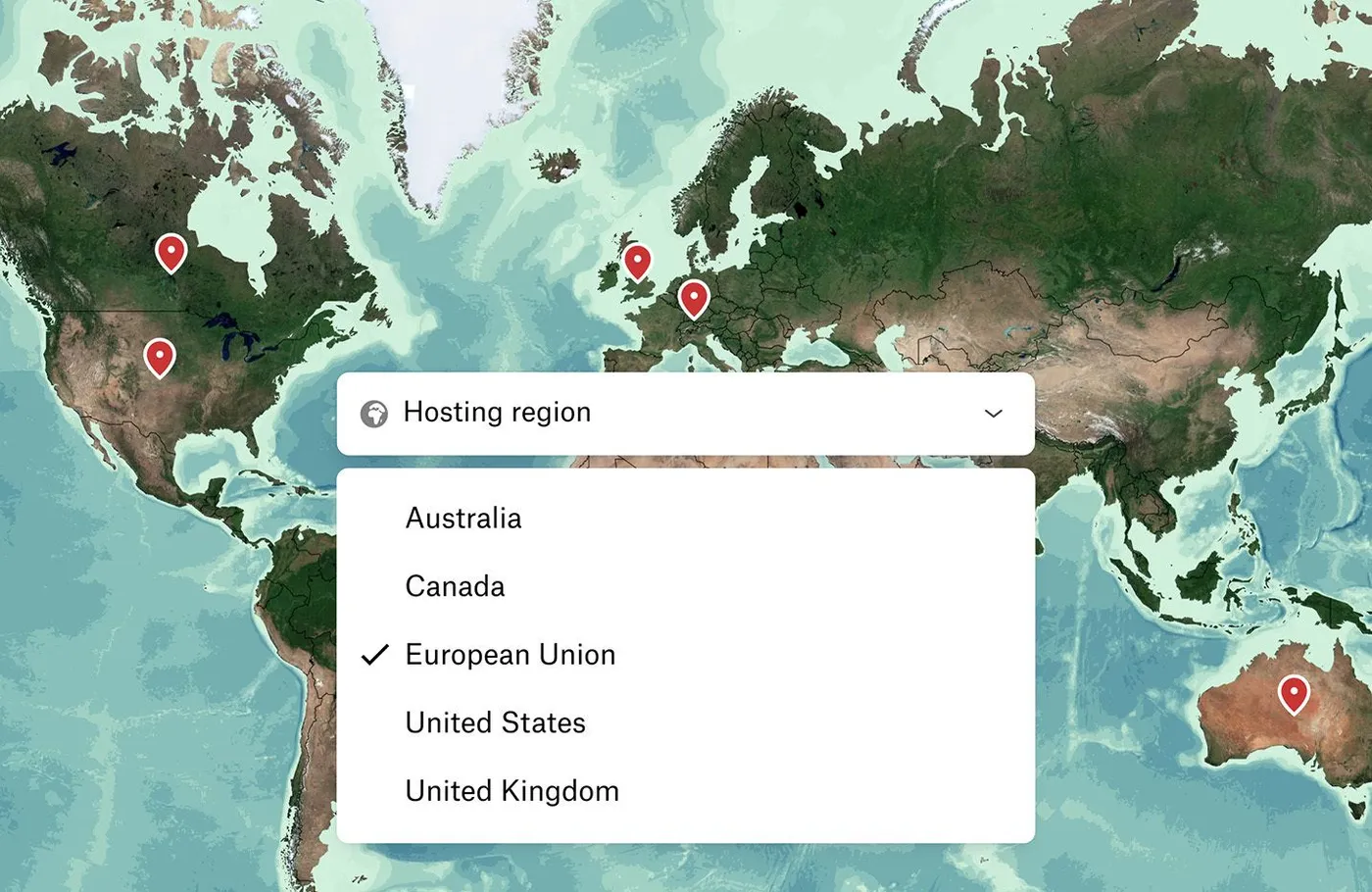A world map with Felt's hosting region menu: Australia, Canada, the European Union, the United States, and the United Kingdom