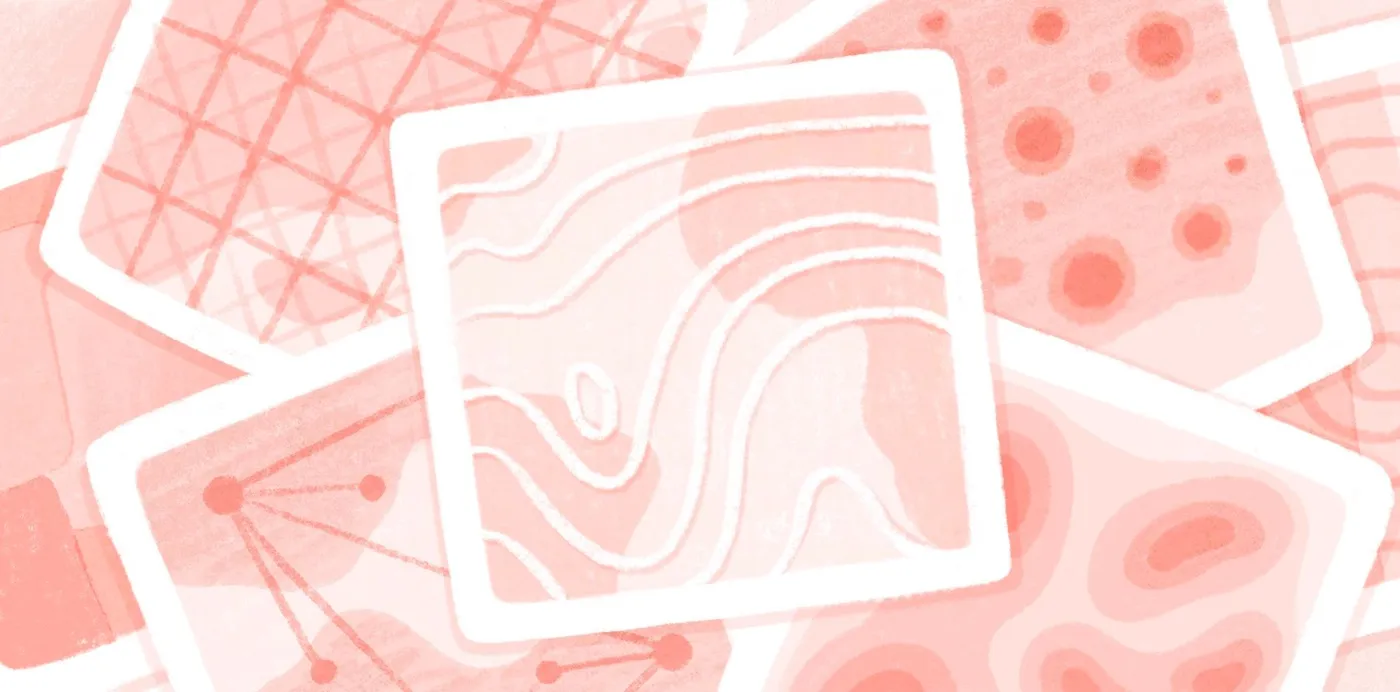 An illustration of overlapping pink map tiles showing contour lines, a grid, scattered dots and a node network