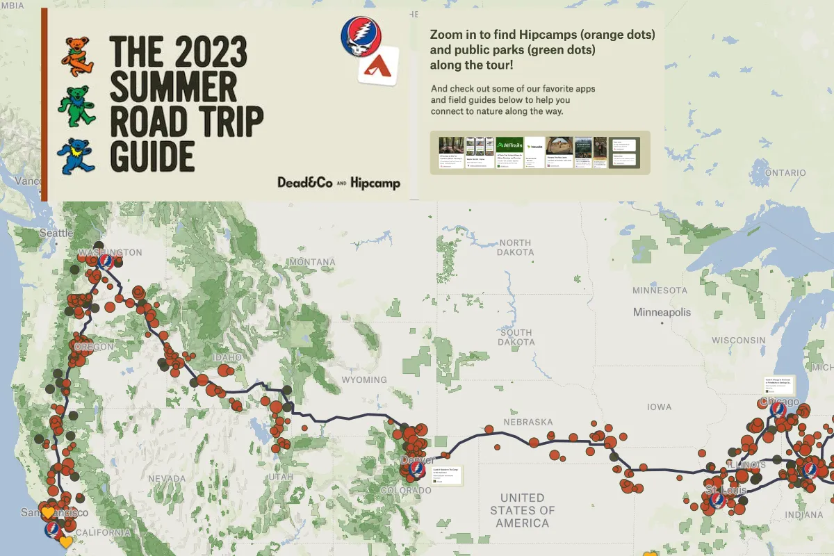 A Felt map of the 2023 Dead and Co tour route across the US, with nearby Hipcamps and public parks as dots