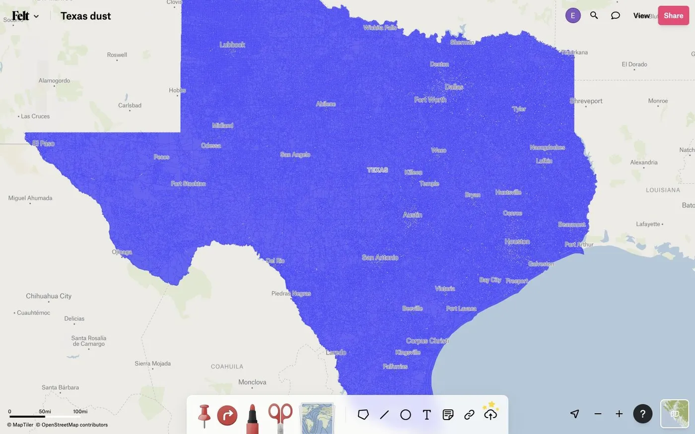 A Felt map of Texas census blocks in blue at low zoom, with many small gaps visible around Dallas and Houston