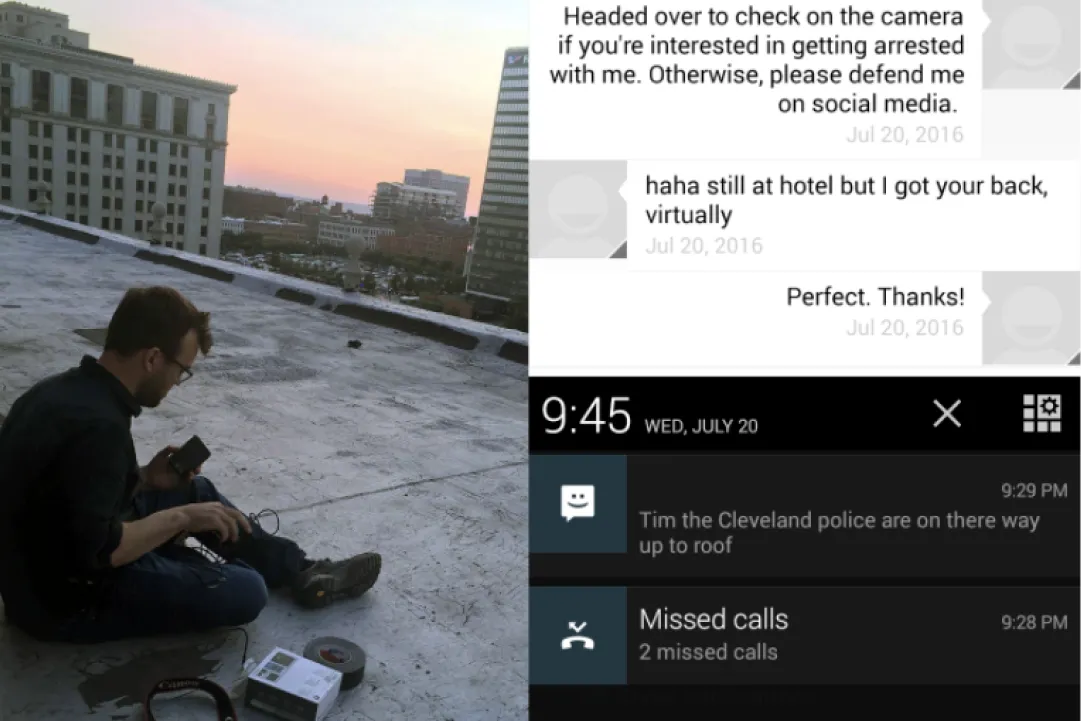 Tim Wallace on a Cleveland rooftop beside phone messages warning that police were on their way up to the roof