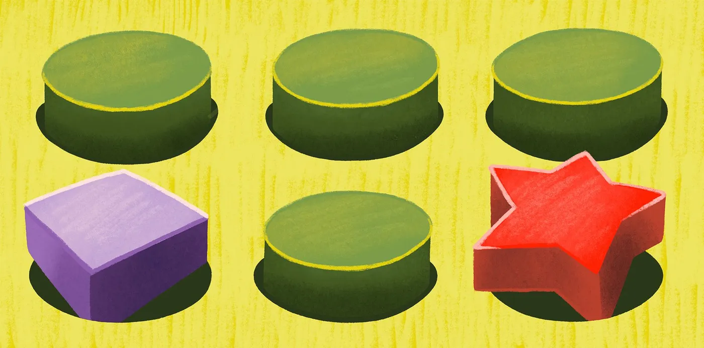 An illustration of green cylinders fitting round holes while a purple cube and red star don't fit theirs