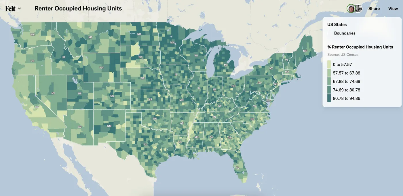 A Felt choropleth map of US counties shaded green by percent renter occupied housing units, with a legend
