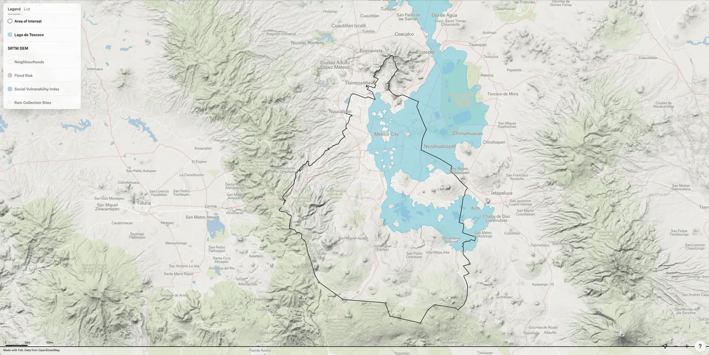 A Felt map of Mexico City with the dissolved area of interest drawn as a black outline over the old lake bed