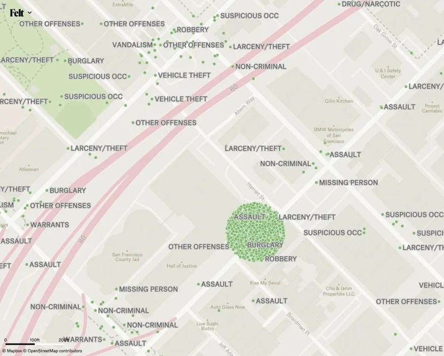 A Felt map of San Francisco crime reports labeled by type, with many points piled in a circle near the Hall of Justice
