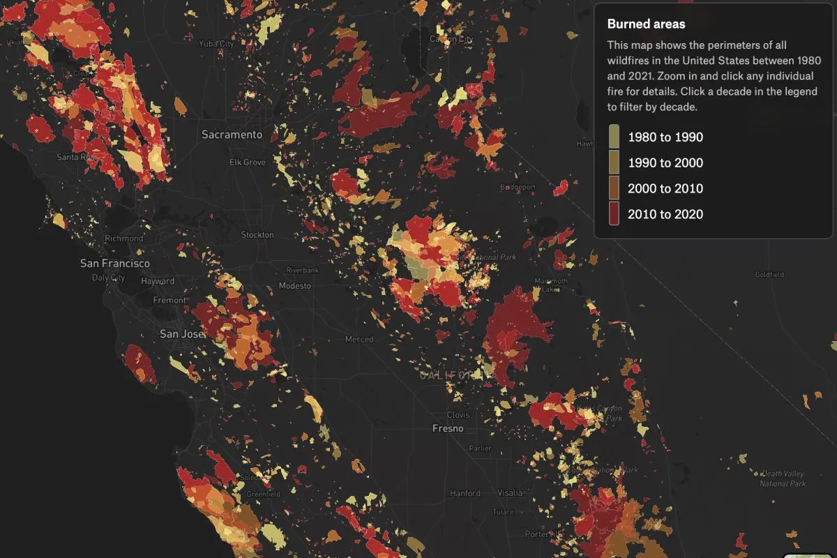 A Felt map of wildfire burned areas in central California from 1980 to 2020, colored by decade
