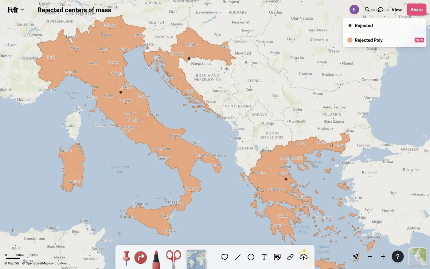 A Felt map of Italy, Croatia and Greece with dots marking their rejected centers of mass