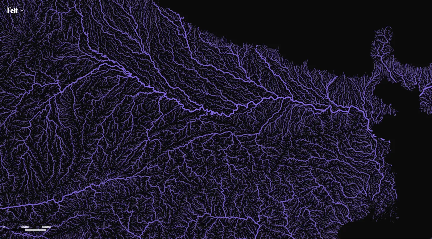 A Felt map of the same Indian rivers in purple, with line size and opacity varying by river size