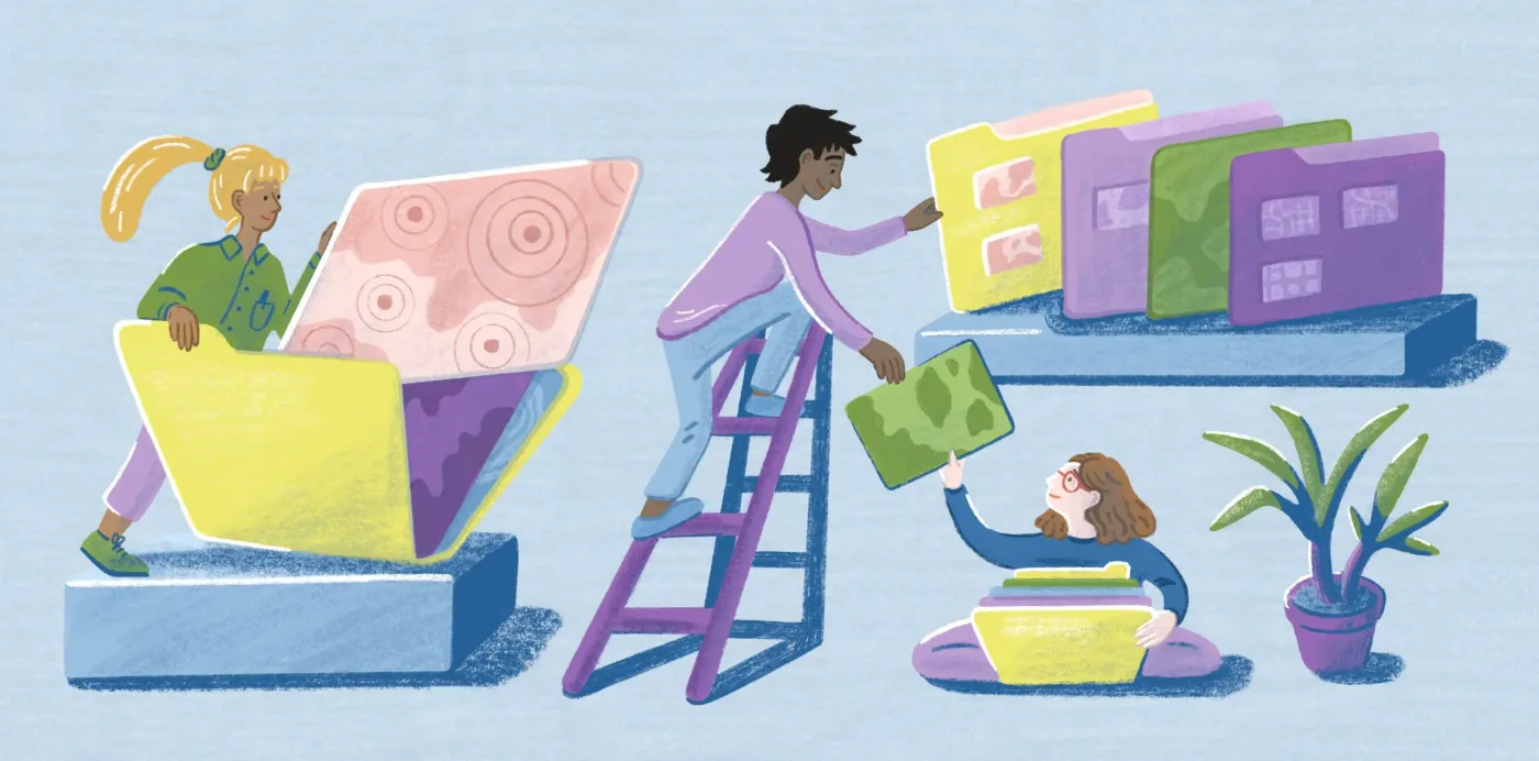 An illustration of people sorting map cards into colorful folders on shelves