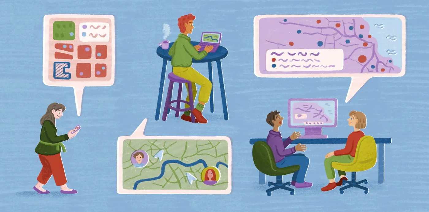 An illustration of people using laptops, phones and desktop screens to view and share maps and charts
