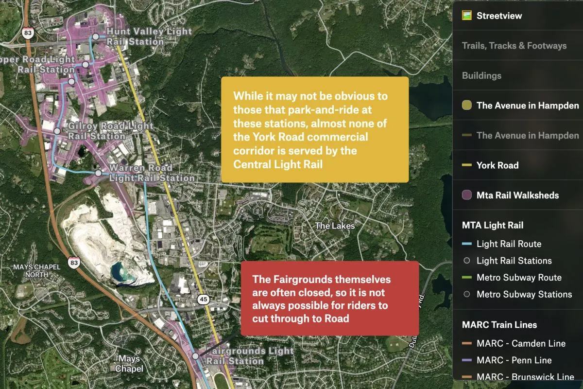 A Felt map of MTA light rail stations and their walksheds along York Road in Maryland, with annotation callouts