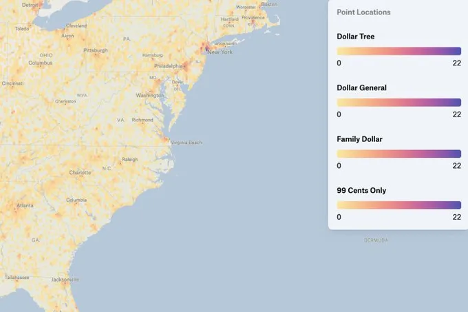A Felt map of the US East Coast showing dollar store density by brand, with Dollar Tree and Dollar General legends