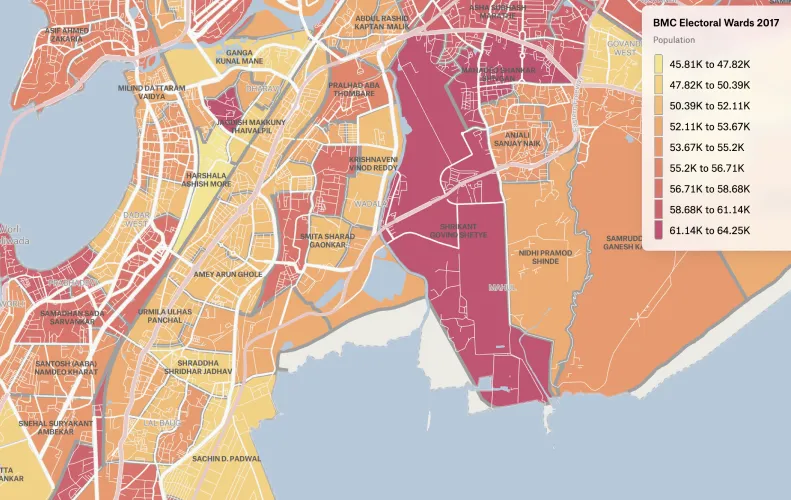 A Felt map of Mumbai electoral wards shaded by population and labeled with corporator names