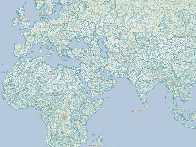 A Felt map of nested basin and watershed boundaries across Europe, Africa and Asia