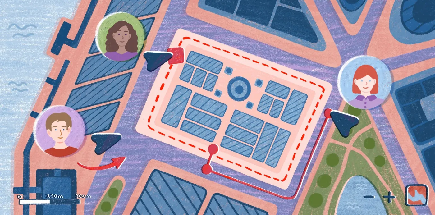 An illustration of a stylized city map with collaborators' avatars and cursors around a site outlined in red dashes
