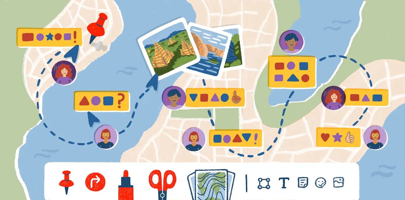 An illustration of a city map with avatars, comments and photos connected by dashed routes above a Felt toolbar