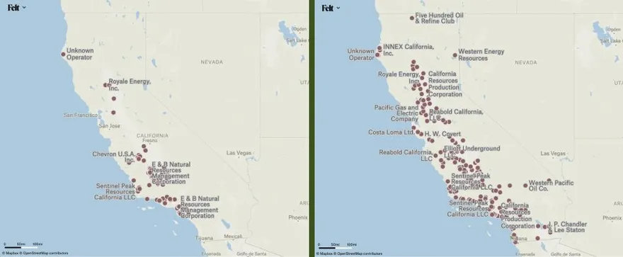 Two Felt maps of California oil wells by operator, sampled uniformly on the left and spread more widely on the right