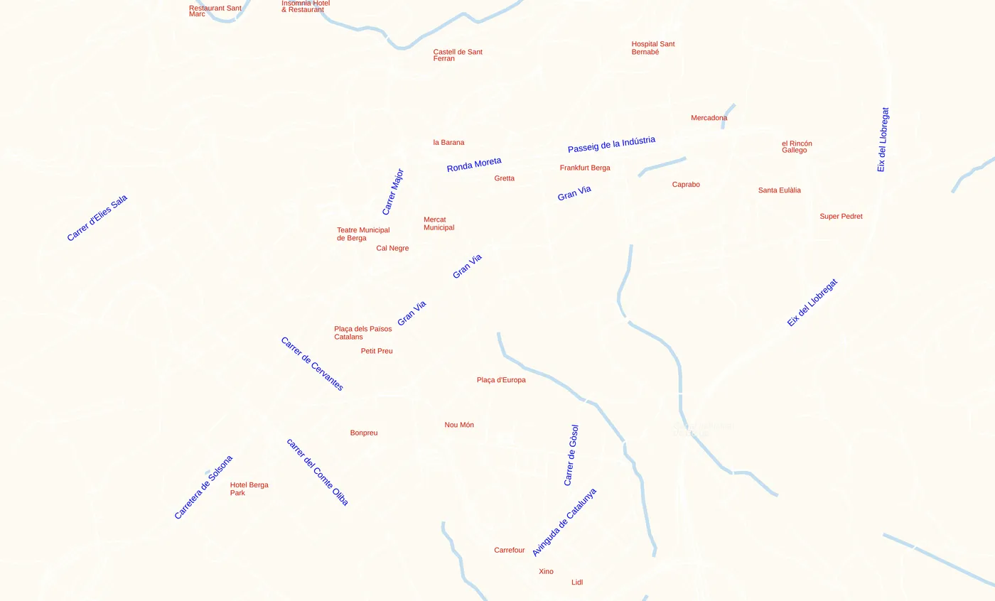 The Berga street map with labels tried in multiple positions, showing more place names in the south