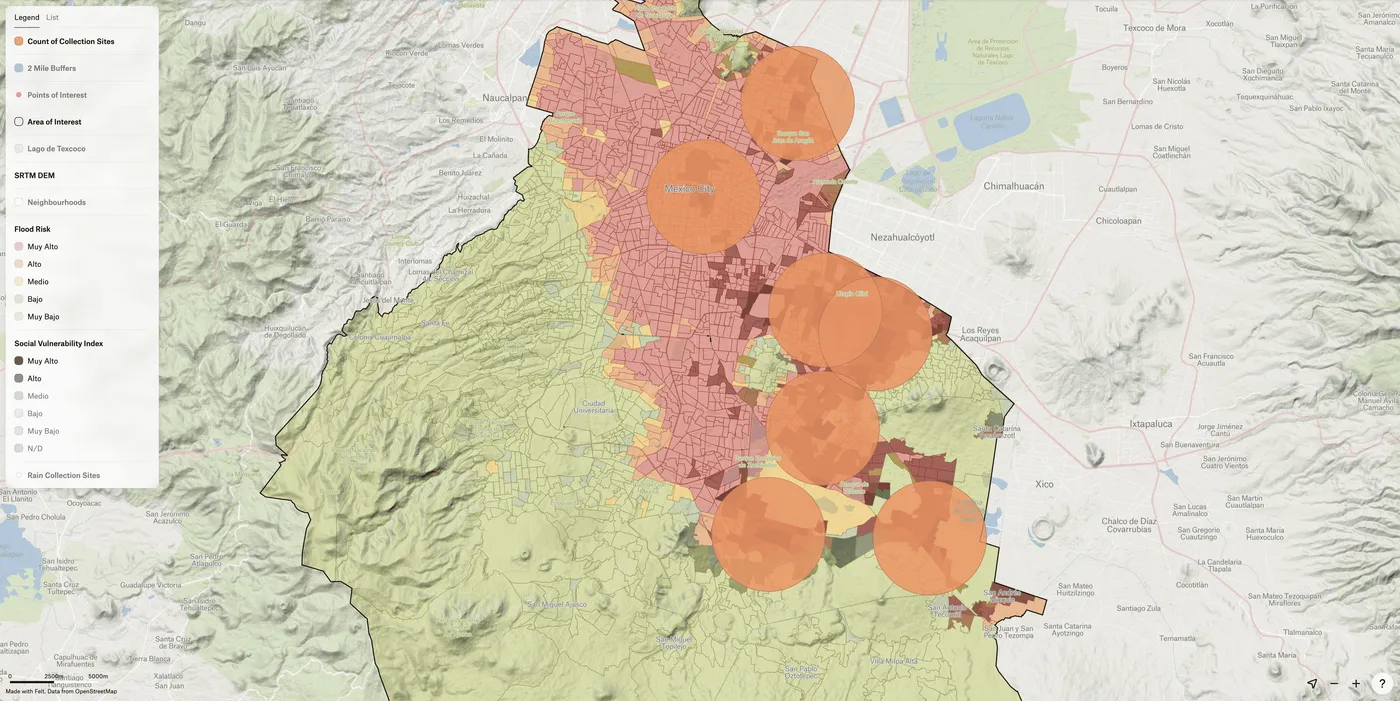 The Count of Collection Sites layer drawn as orange circles over the Mexico City flood risk map