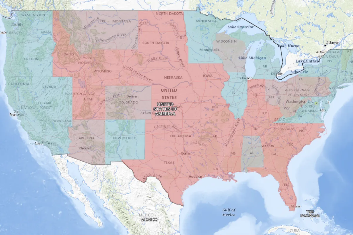 A map of the contiguous US with states shaded red, blue or mixed by the party of their senators