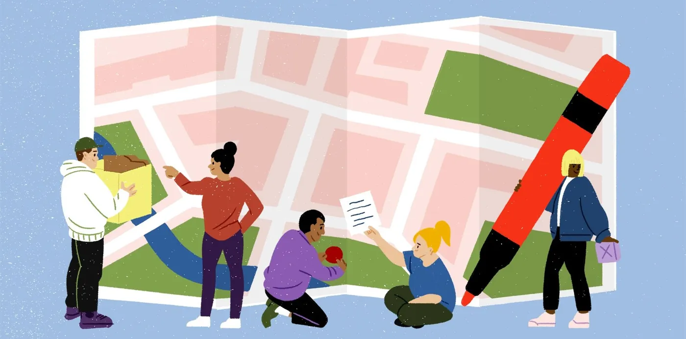 An illustration of a group of people gathered around a large folded city map, one holding a giant marker