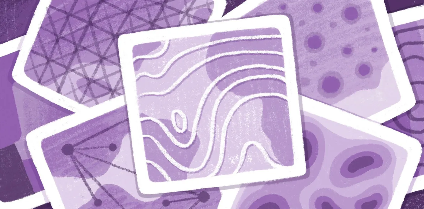 An illustration of overlapping purple map cards showing contour lines, a grid, dots and connected points