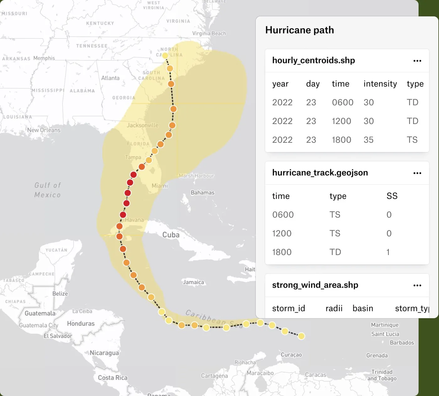 A Felt map of a hurricane track from the Caribbean through Florida, with a grouped legend of three hurricane path layers