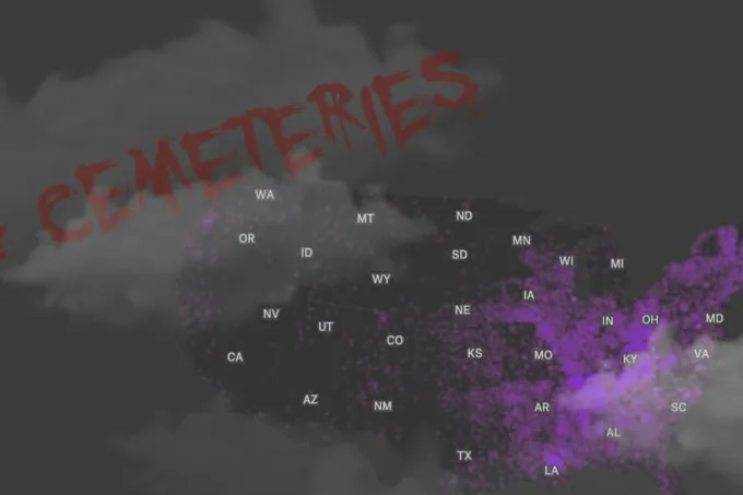 A dark, foggy Felt map of US cemeteries as glowing purple points under a red Cemeteries title