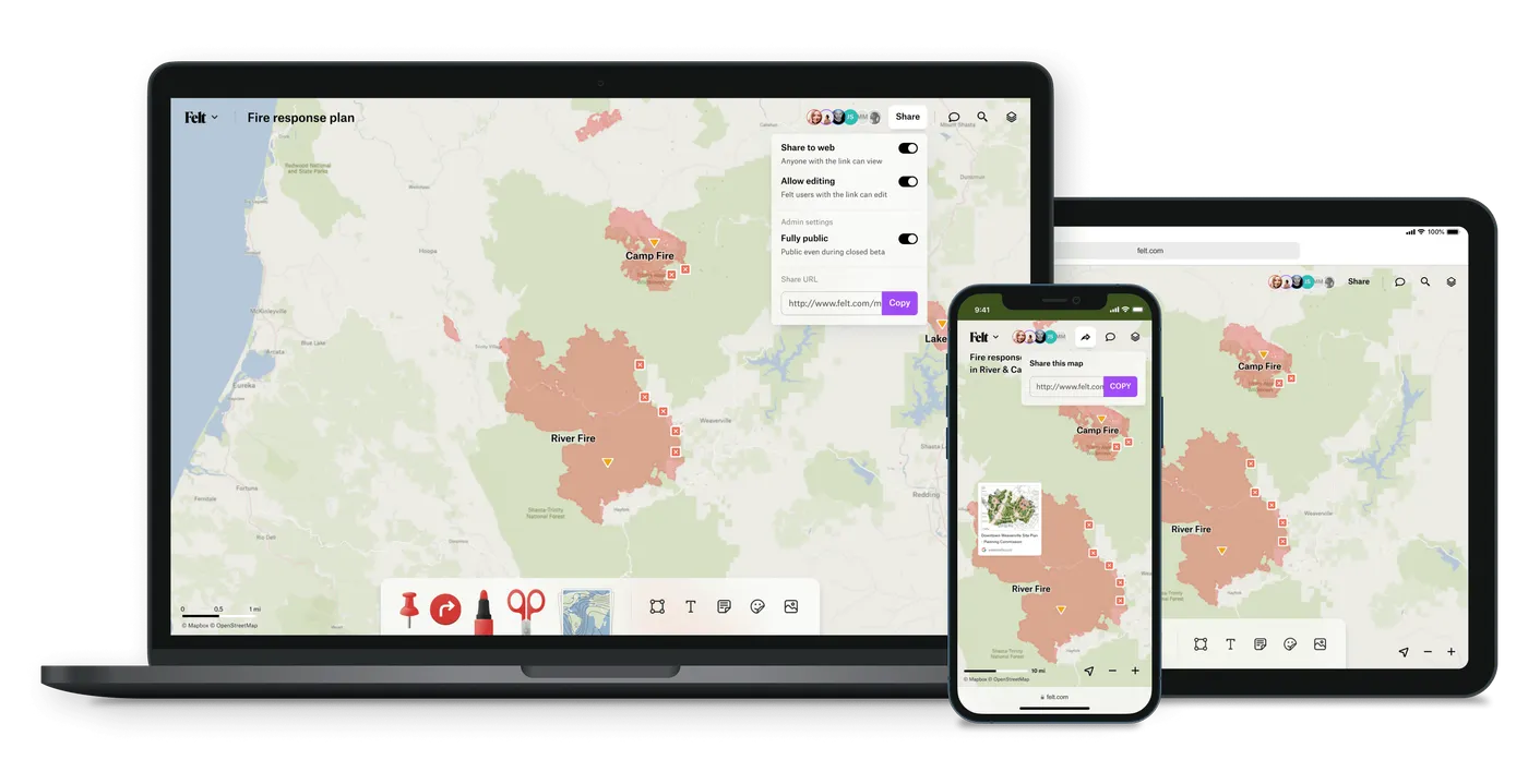 A Felt fire response map shown on a laptop, tablet and phone with sharing settings open